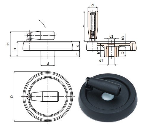 Solid control handwheel with revolving folding handle