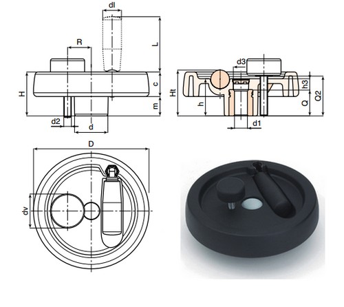 Solid control handwheel with foldaway revolving handle and locking handwheel