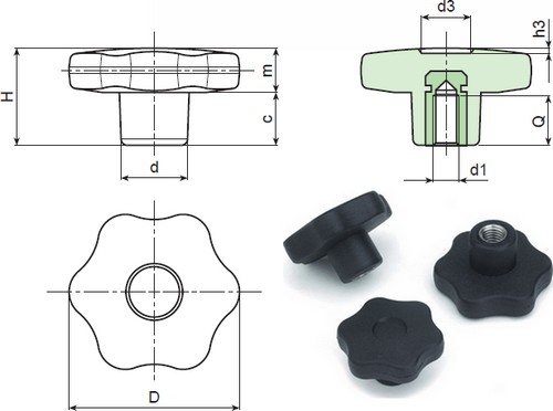 6- lobe handwheel with stainless steel threaded female insert