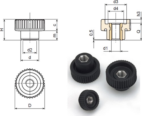 Knurled knob handwheel with threaded stainless steel through hole insert