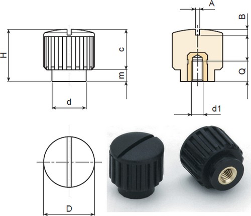 Knurled knob with screwdriver slot and threaded blind insert