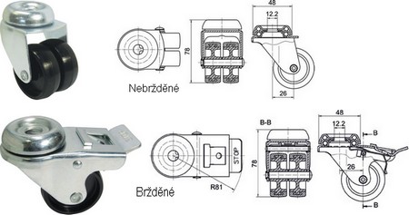 Black Plastic Twinwheel Castors with Bolt Hole Fitting